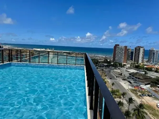 Studio Armação 20m², sala de estar, mobiliado, vista mar, climatizado, banheiro, cozinha,