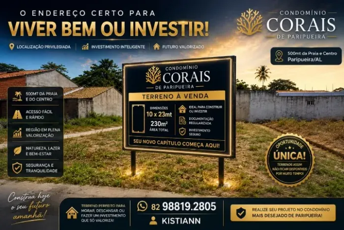 Terreno 10X23mt em Paripueira/AL, 500mt da Praia e Centro