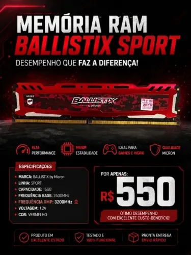 Memória RAM Ballistix Sport 16GB DDR4