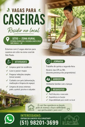 Tenho vaga para morar no local: Mulheres que sejam sozinhas.
