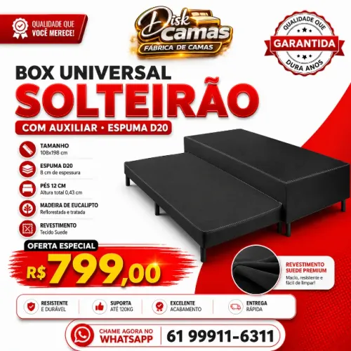 Cama Box Solteirão com Auxiliar 108x198 Espuma D20 - Base Box Solteiro Reforçada: R$799,00