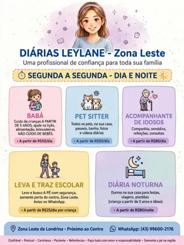 Babá, pet sitter, acompanhante de idosos, leva e traz escolar, diária noturna