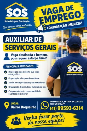 VAGA PARA AUXILIAR DE SERVIÇOS GERAIS NA DIÁRIA (sexo masculino)