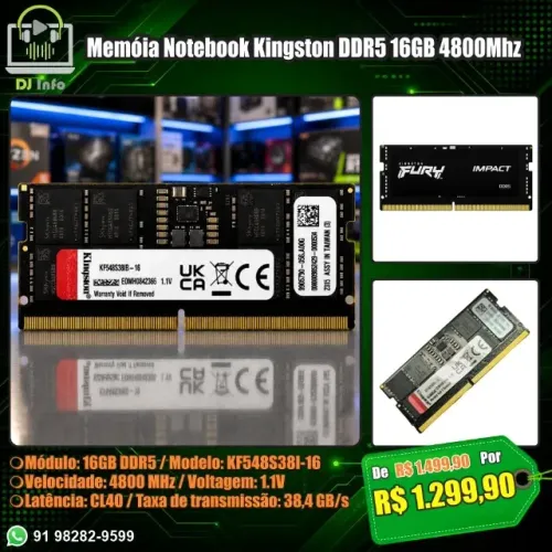 Memóia Notebook Kingston DDR5 16Gb 4800Mhz Kf548s38ib-16