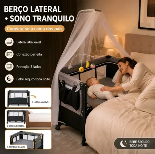 Berço Portátil Premium - com Trocador, Mosquiteiro e Balanço