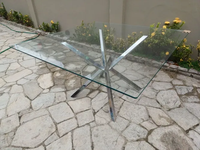 Mesa inox 6 cadeiras inox, tampa de vidro, suporte inox