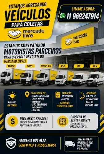 ESTAMOS AGREGANDO VAN, HR, VUC, MEDIOS, TRUCK, TOCO E CARRETAS PARA OPERAÇÃO MERCADO LIVRE