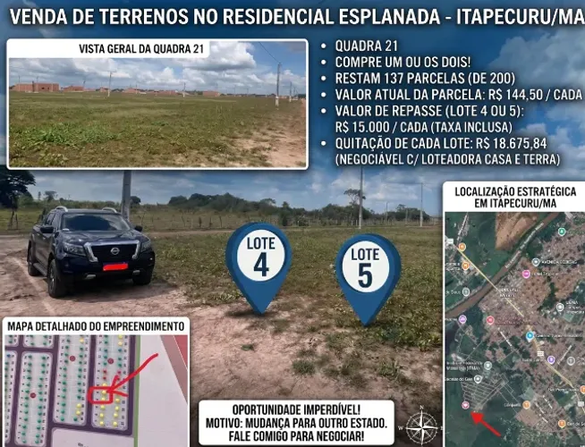 2 terrenos 10X20m em Residencial Esplanada, Itapecuru/MA.