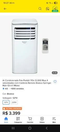 Ar Condicionado Frio Portátil 110v 12.000 Btus Branco Springer