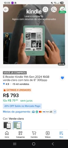 Kindle 11th Gen 2024 16GB verde-claro com tela de 6" 300ppp