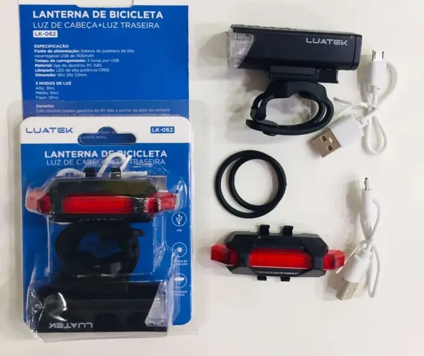 Kit Lanterna Bike Luatek LK-062 Recarregável USB (Dianteira + Traseira) 1100mAh