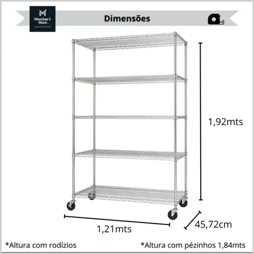 Estante Aço Cromado 5 Prateleiras Rack Aramado C/ Rodizios