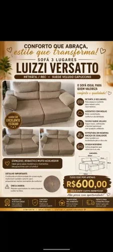 Sofá 3 lugares luizzi versatto retratil/rec suede veudol capuccino
