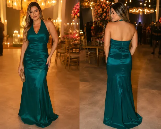 Vestido de festa longo verde petróleo M