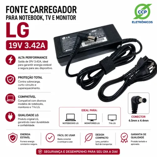 Fonte Carregador para Notebook, TV e Monitor LG 19V 3.42A