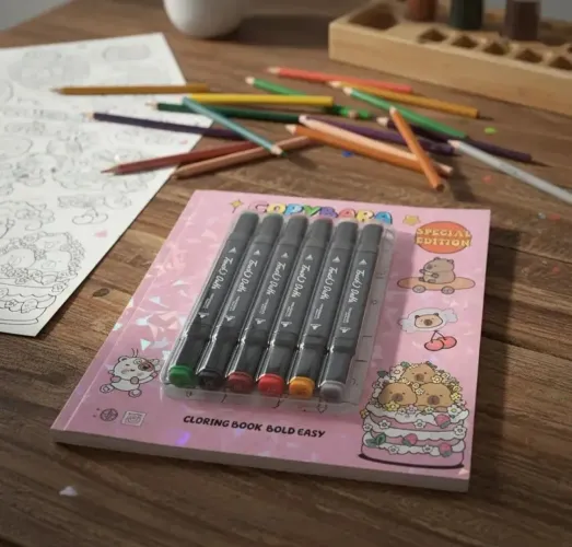 Livro de colorir Capivara com 6 canetinhas ponta dupla 