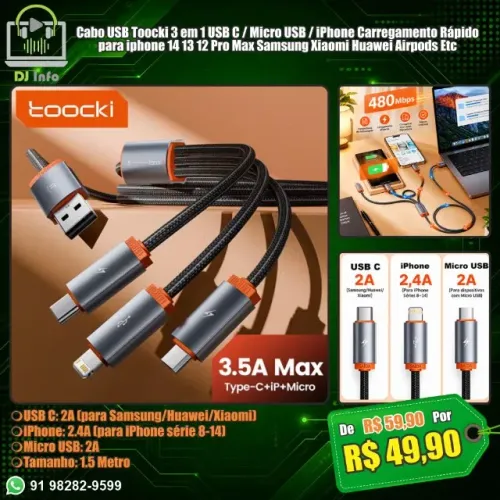 Cabo USB Toocki 3 em 1 USB C / Micro USB / iPhone Carregamento Rápido