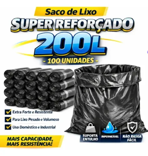 Saco de Lixo de 200 litros Grosso Reforçado Resistente - Preto 100 Unidades - NOVO