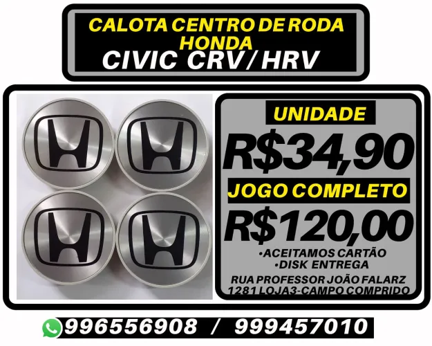 Calota centro de roda Honda Civic. R$34,90 a unidade. Dism entre 