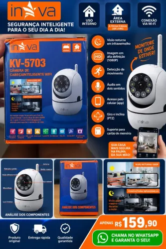 Câmera Segurança Inova KV-5703 Wi-Fi 1080P Visão Noturna 360° PTZ