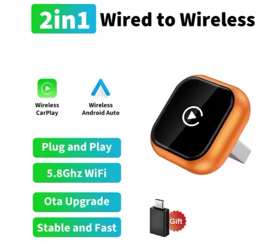 Novo Adaptador CarPlay 2 em 1 Sem Fio, Dongle Android Auto, cor laranja