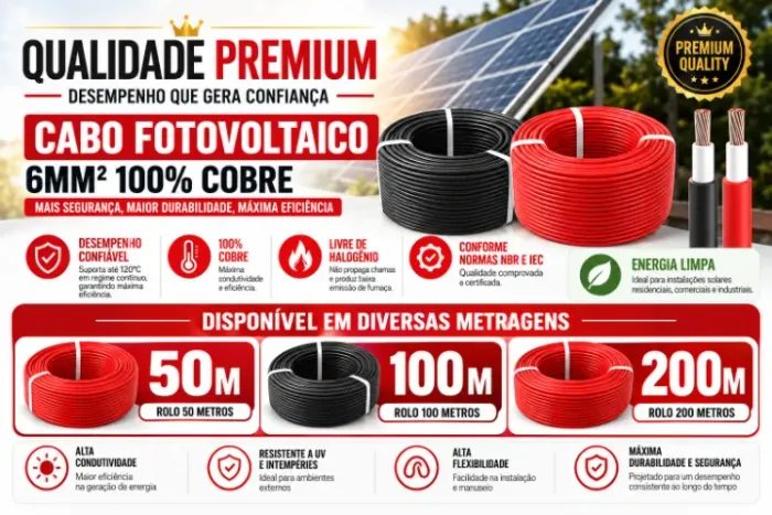 Cabo Solar Fotovoltaico 6mm 25m Preto + 25m Vermelho