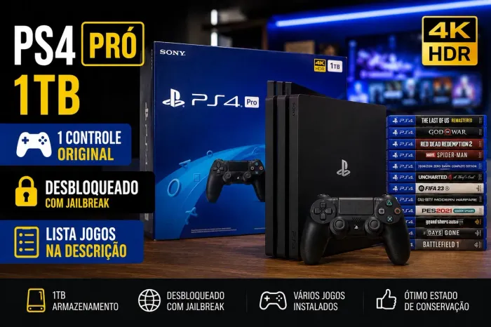 Ps4 pró 1tb D.e.s.b.l.o.q.u.e.a.d.o + controle original + vários jogos