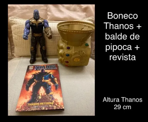 Boneco Thanos, balde de pipoca e tevista