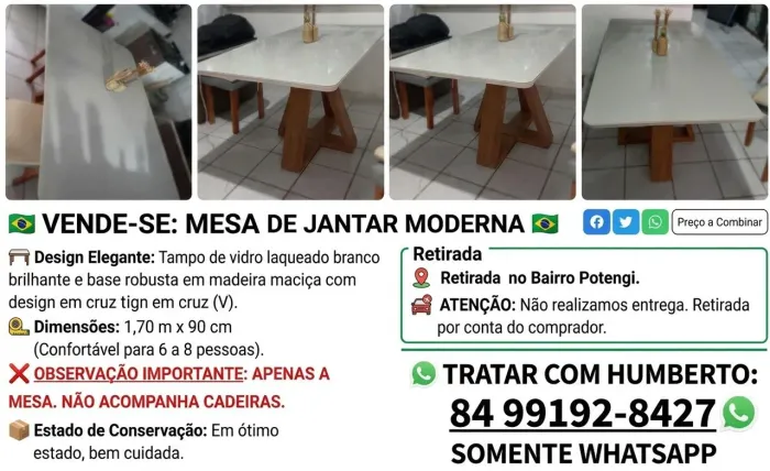 VENDO MESA DE JANTAR DE MADEIRA COM TAMPO DE VIDRO 1m,70 X 0,90 cm (sem cadeiras)