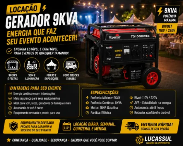 Locação Gerador 9KVA Toyama TG10000CXE | Bivolt 110/220