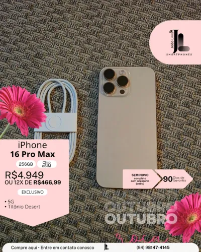 IPHONE 16 PRO MAX, 5G, 256GB, CHIP ESIM, TITÂNIO DESERT, SEMINOVO , EXCLUSIVO!