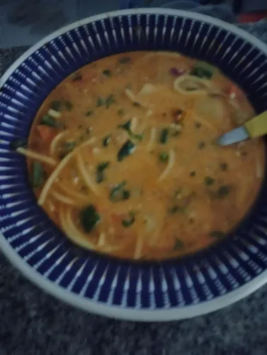 Comidas deliciosas, sopas de frango, legumes e carne, creme de ovos.