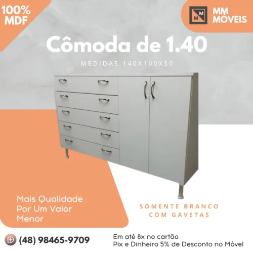 Cômoda de 1.40, duas portas e gavetas, somente branco, ver puxadores disponiveis