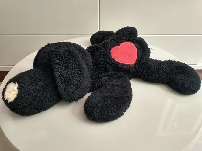 Cachorrinho de pelúcia preto com corações vermelhos