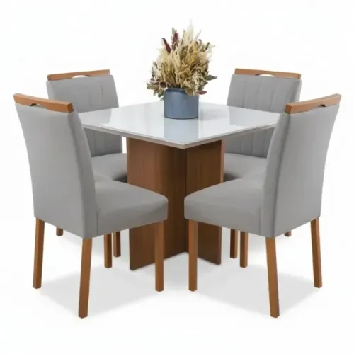 Mesa de Jantar Helo 90×90 Vidro Off/Base Mel 4Cds Isabela Linho Cinza - Entrega Rápida!