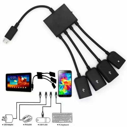 4 Portas Micro USB Cabo Extensor OTG Hub Preto para Android Tablet & Smartphone, U Disco