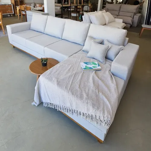 Sofá Com Chaise 3,00m Tecido Linho Pés em Madeira Até 6 lugares Novo Direto Da Fábrica
