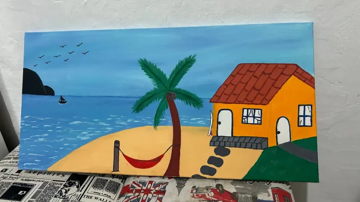 Tela pintura casa na praia