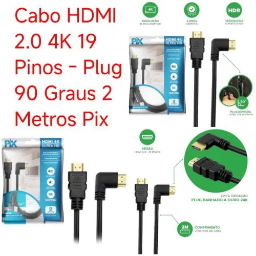 Cabo HDMI 2.0 4K 90 Graus 2 Metros Pix