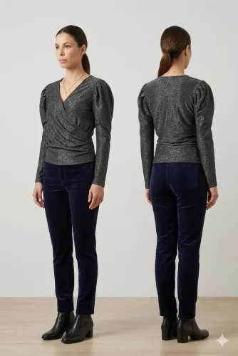 Blusa Transpassada Lurex Manga Longa Princesa - Cinza Escuro