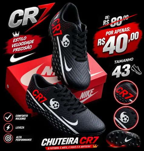 Chuteira CR7 Masculina Tamanho 43 - Estilo, Velocidade e Precisão | De R$80 por R$40
