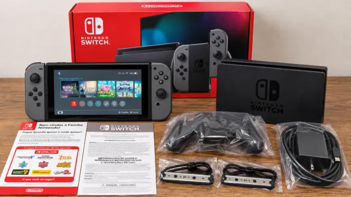 Nintendo Switch V2 Cinza Desbloqueado | microSD 256GB | Chip SX Core | Completo na Caixa