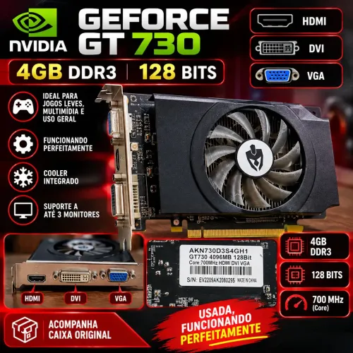 Placa de Vídeo NVIDIA GeForce GT 730 4GB DDR3 128 Bits
