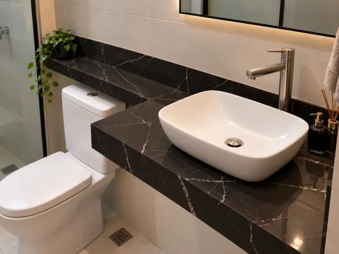 bancada e pia de porcelanato sob medida para banheiro/lavabo