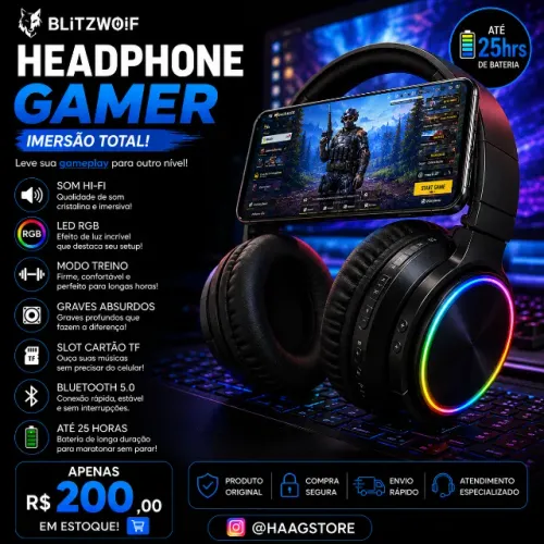 Headphone BlitzWolf AirAux Bluetooth5.0 RGB|Graves Absurdos|Hi-Fi|Microfone|25H Bateria