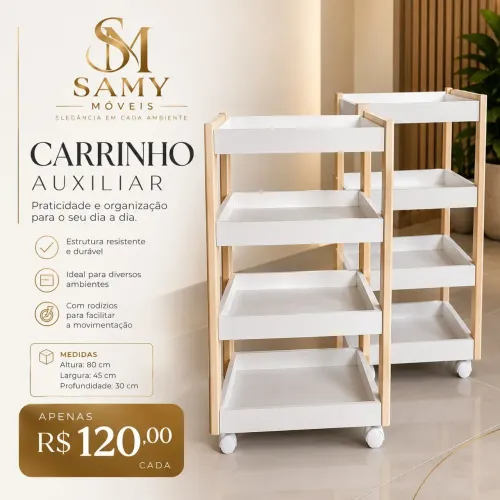 Carrinho Branco/Pinus 4 Prateleiras