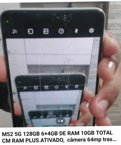 Vendo Samsung m52 128gb 6+4 compus ativado 10gb total de RAM top todo original so trincado