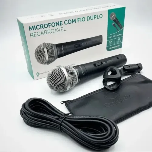 Microfone Dinâmico Onistek Profissional com Fio Duplo XLR 5m para Karaokê e Eventos