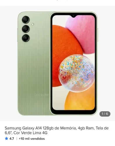 Samsung Galaxy A14 128gb de memória,4gb ram,tela 6,6"cor verde lima 4g.