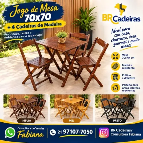 Mesa rustica de madeira 70 cm com 4 cadeiras